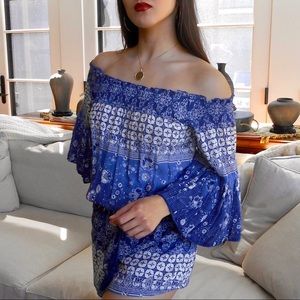 🤩 Blue Patterned Off-Shoulder Boho Romper 💙